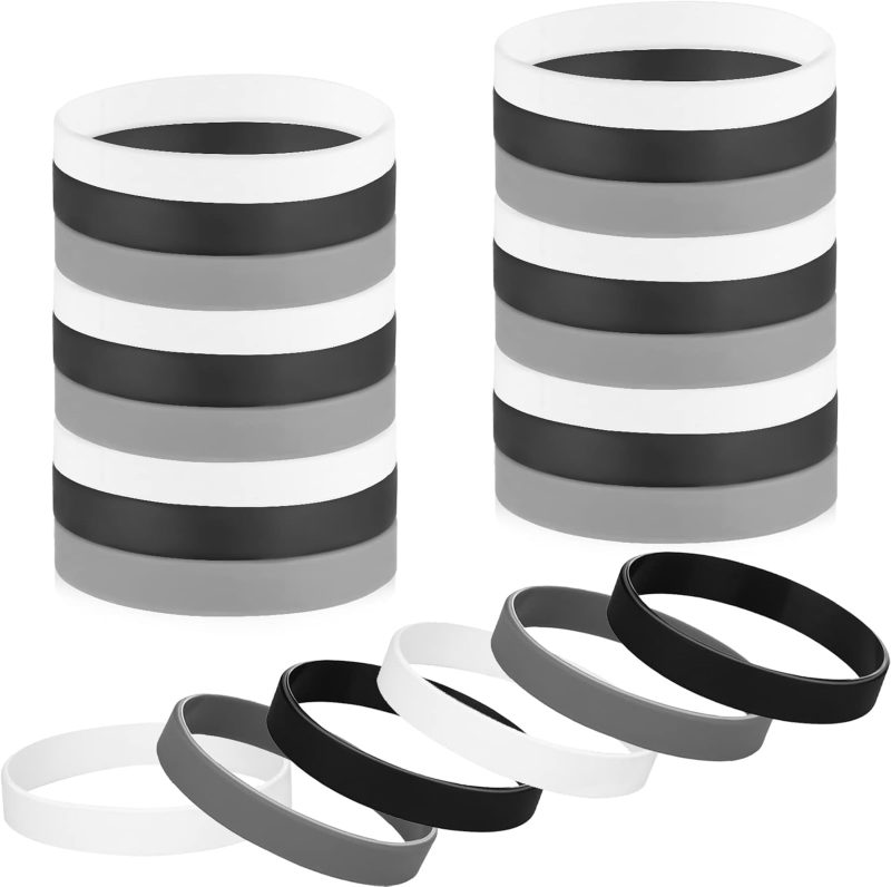 24 Pieces Rubber Bracelets Silicone Wristbands Blank Black Grey White Rubber Silicone Wrist Bands Solid Color Arm Wristbands Bracelets for Men Ladies Kids Birthday Party Favors Supplies, 3 Color