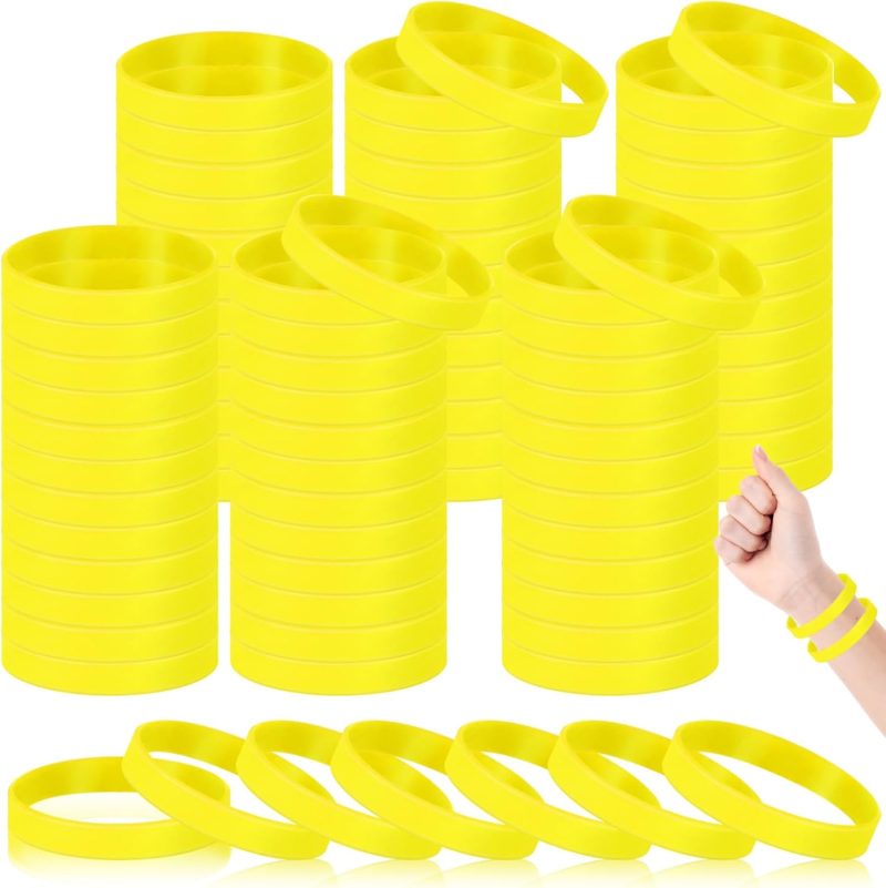 100 Pcs Solid Color Rubber Wristbands Rubber Bracelets Silicone Wristbands Sports Bracelets Bulk Adult Wrist Bands for Event Women Men Party Decorations(Yellow)