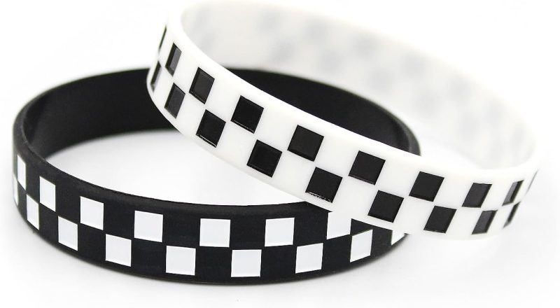 Black White Silicone Bracelets for Women and Men - Checkered Rubber Band Wristbands - Pure or Checkered Patterned Designs Sports Bracelets