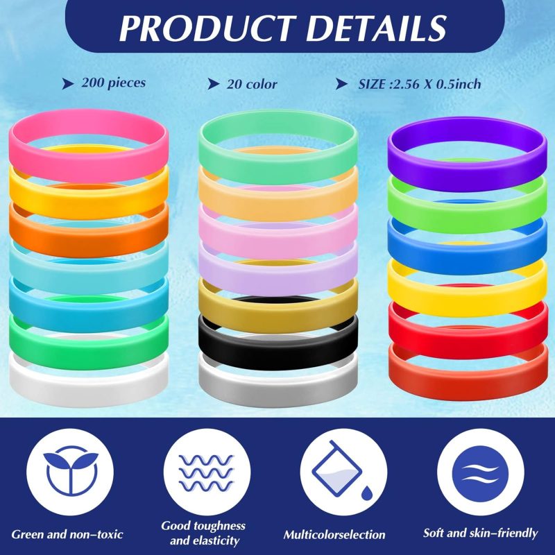 200 Pcs Silicone Wristbands Bulk Rubber Bracelets Solid Color Silicone Bracelet Colored Stretch Rubber Wristbands Blank Sports Bands for Adult Men Women Teen Games Teams Events Gifts, 20 Color - Image 2