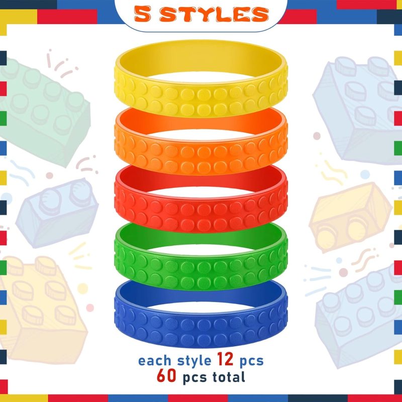 60 Pieces Silicone Building Block Bracelets Rubber Bracelets Bulk Wristbands Colorful Birthday Party Favors for Goodie Bag Fillers Carnival Prize Supplies, 5 Colors - Image 2