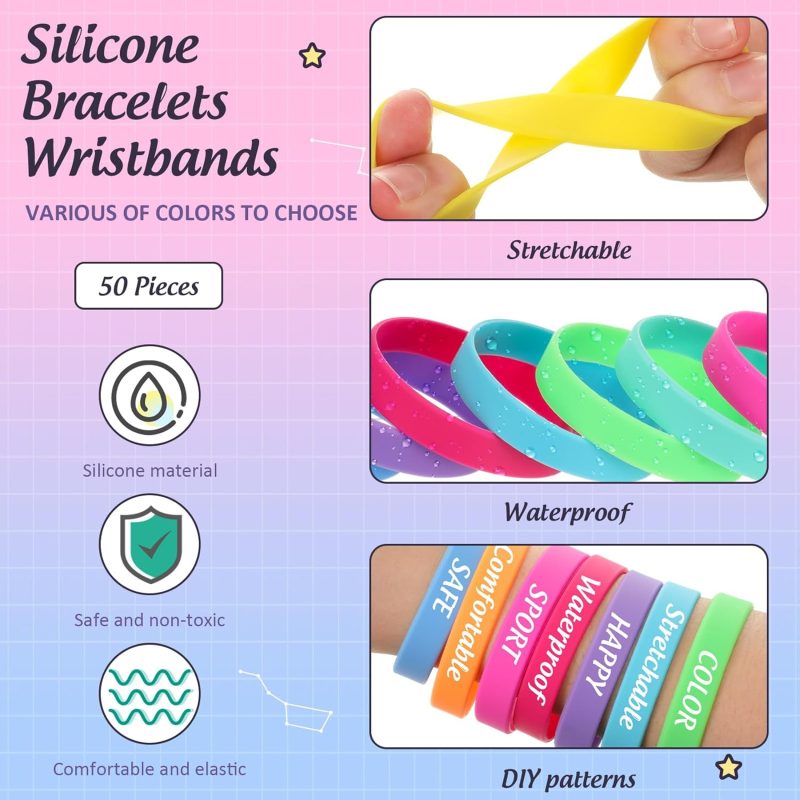 50 Rubber Bracelets bulk Silicone Bracelets Bulk Neon Blank Rubber Wristbands for Adult Plain Colored Silicone Wrist Band for Fundraisers Awareness(Bright Color) - Image 2