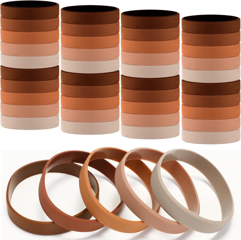 50 Pack Silicone Rubber Bracelets Rubber Wristbands Bulk Adults Rubber Bands Solid Color Plain Silicone Bracelets for Men Women Identification Event Party Favors Gifts Decorations (Brown)
