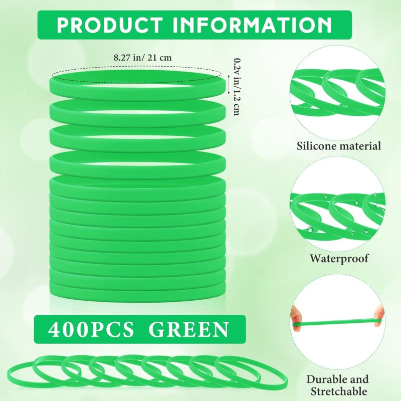 400 Pcs Silicone Wristbands Solid Color Silicone Bracelets Blank Rubber Sports Rubber Wristbands Bracelets Stretch Bands for Adults Men Women Teen(Green) - Image 2