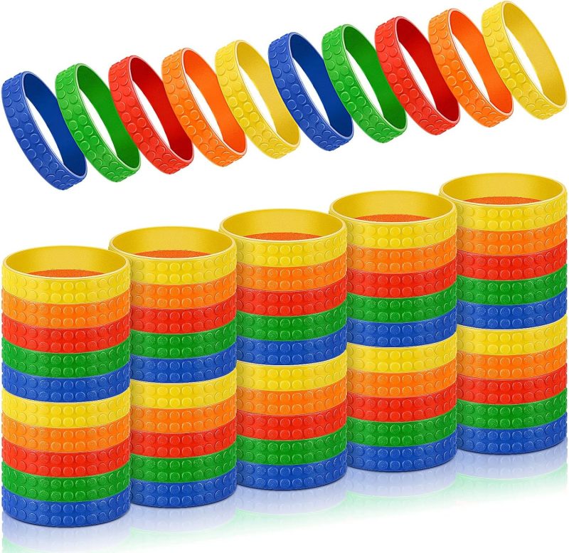60 Pieces Silicone Building Block Bracelets Rubber Bracelets Bulk Wristbands Colorful Birthday Party Favors for Goodie Bag Fillers Carnival Prize Supplies, 5 Colors